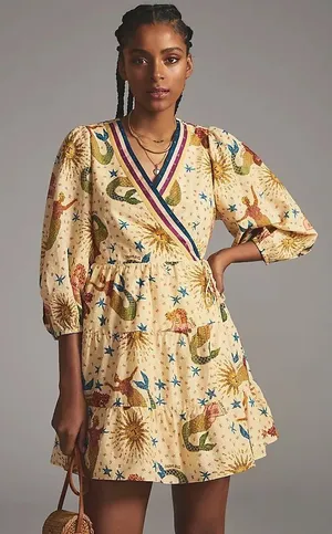 Farm Rio Anthropologie Mermaid Celestial Wrap Mini Dress Cream Embroidered Small thumbnail 1
