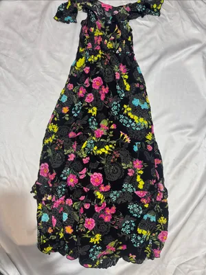 Betsey Johnson Black Maxi Skirt with Pink, Yellow & Aqua Floral Print thumbnail 3