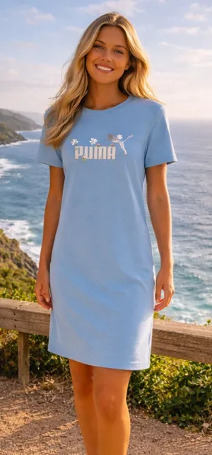 Puma Blue Floral Logo Knee Length T Shirt Dress Casual Sporty Summer Athleisure thumbnail 1