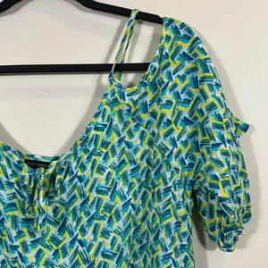 Coco + Carmen Blue Green Rayon Beach Cover-up Mini Dress Tunic Cold Shoulder S/M thumbnail 5