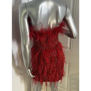 ASHLEYlauren 4615 Red Beaded Feather Cocktail Dress Strapless 2 Pageant Prom thumbnail 12