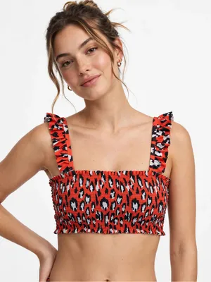 Summer Mae Medium Red Leopard Print Smocked Bikini Top Ruffle Strap Swimwear thumbnail 1