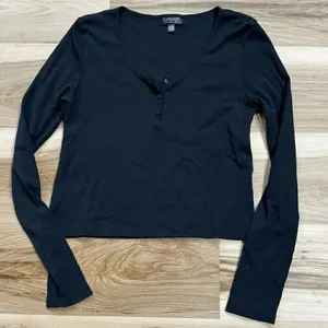 Topshop Black Cropped Henley Top Shirt Long Sleeve Women’s 12 thumbnail 1