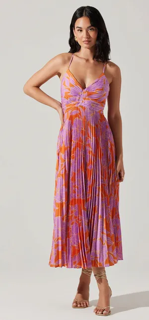 NWT Astr the Label Blythe Plisse Midi Dress Coral Multi Women Size Small thumbnail 1