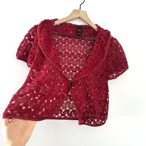 Vintage Y2K Crochet Bolero Shrug Red Buttons Collared Wrapper Indie Cottage S/M thumbnail 4