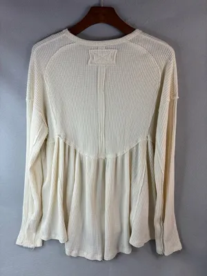 Free People M Boho Thermal Waffle Knit Peplum Pullover Top thumbnail 2