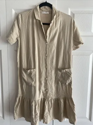 Darphin Ruffle Hem Shirt Dress Womens Size L Tan Linen Blend Button Front Mini thumbnail 1