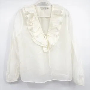 LOFT Womens Ivory Ruffle V-Neck Romantic Victorian Cottagecore Sheer Blouse L thumbnail 1