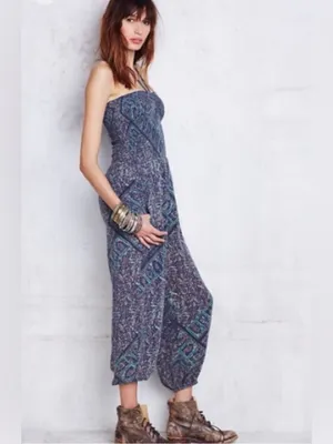 Free People Paisley Smocked Jumper M Boho Chic Balloon Leg Whimsigoth Jumpsuit thumbnail 2