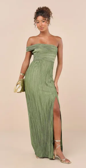 Lulus - Poised Performance Olive Green Plisse One-Shoulder Maxi Dress thumbnail 4