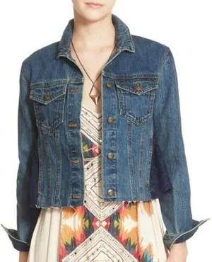 Free People Denim Lace Inset Raw Hem Jean Jacket Size Large thumbnail 1