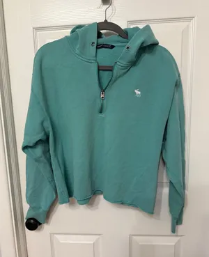 Abercrombie & Fitch Teal Quarter Zip Cropped Hoodie‎ Y2K Sleeve Logo M thumbnail 1