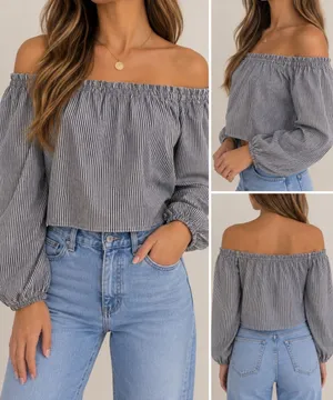 Brandy Melville Pinstripe Off Shoulder Top Black White Long Sleeve thumbnail 2