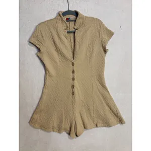 Free People FP Beach Ramona Textured Knit Button‎ Front Romper Tan Beige Large thumbnail 5