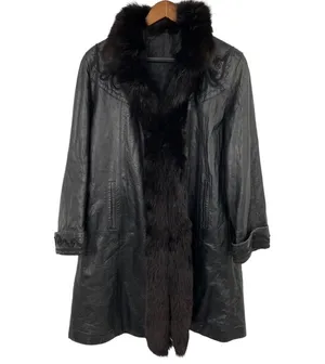 Vintage Leather Penny Lane Style Long Coat Black Real Fur Trim Womens Small thumbnail 1