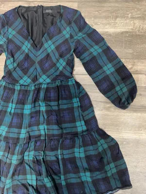 J.Crew Green & Navy Plaid Tiered Dress | Long Sleeve V-Neck | Size 0 | Classic thumbnail 4