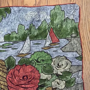 Vintage Impressionist Floral Basket‎ Sailboat Lake Scene Square Scarf Red Green thumbnail 4