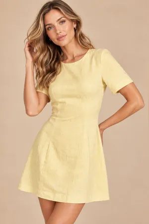 A&F Butter Yellow Linen Cotton Blend Button Back Detail Mini A-Line Sheath Dress thumbnail 1