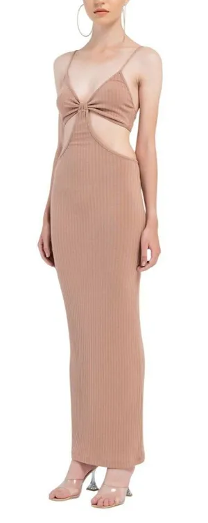 Kikiriki Vacay Ribbed Cut Out BodyCon MaxiDress Caramel Brown Size Small NWT thumbnail 1