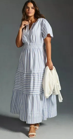 NWT Anthropologie Somerset Maxi in Sky Blue White Striped Cotton Tier Dress S thumbnail 1