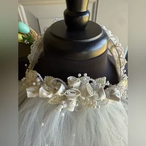 Vintage 90s rose floral crown pearl tulle layered wedding bridal veil thumbnail 5
