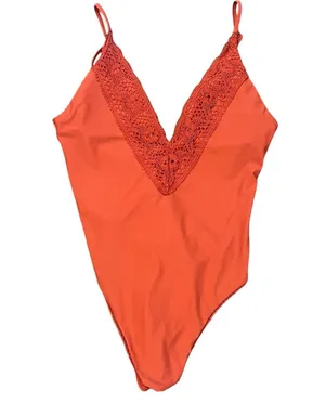 Aerie Crochet Lace Trim V Neck Back High Cut One Piece Swimsuit Rust Orange M thumbnail 1