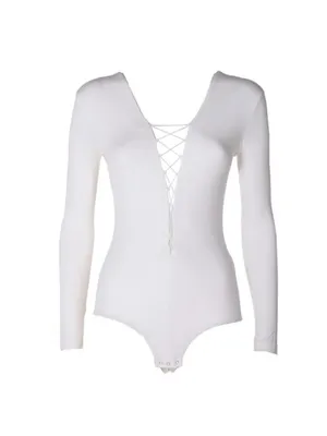 T by Alexander Wang White Long-Sleeve Lace-Up Plunge Bodysuit thumbnail 3
