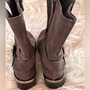 Vince Camuto Suede Moto Boots Size 6 Mid Calf Harness Buckle Black/Brown thumbnail 5