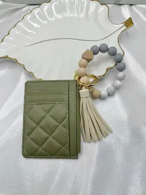 Sage Green Quilted Card Holder Wallet Wristlet Keychain Tassel thumbnail 6