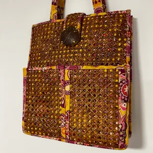 Vera Bradley Paisley Rattan Straw Wicker‎ Weave Tote Bag Floral Yellow Boho thumbnail 2