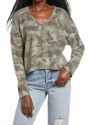 NEW La La Land XS Camo V Neck Fleece Long Sleeve Crop Top Buttery Soft Y2K thumbnail 1