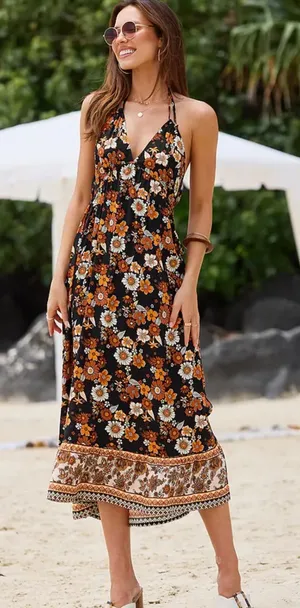 Cupshe Black Autumn Florals Halterneck Midi Dress Size M thumbnail 1