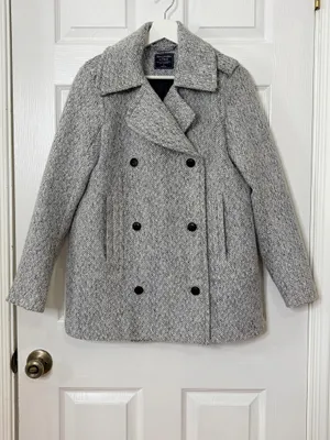 Abercrombie & Fitch Gray Herringbone Double Breasted Peacoat Quiet Luxury Preppy Career S thumbnail 2