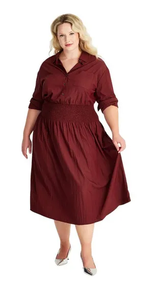 NWT Future Collective Long Sleeve Smocked Midi Shirtdress Burgundy Red XXL thumbnail 1