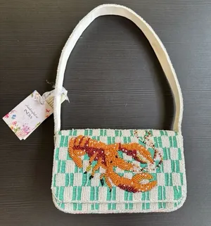 Handcrafted Lobster Crawfish Beaded shoulder Bag Checked stripped Sparkly NWT thumbnail 1