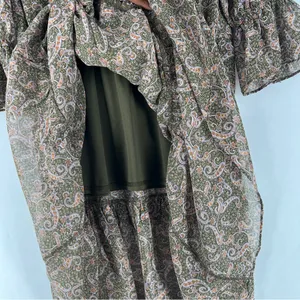 Love Riche Chiffon Olive Paisley Ruffle Long Sleeve Peasant Tiered Maxi‎ Dress M thumbnail 9