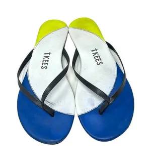 TKEES Neon‎ Yellow & Blue Colorblock Leather Thong Sandal Flip Flops Size US 8 thumbnail 1
