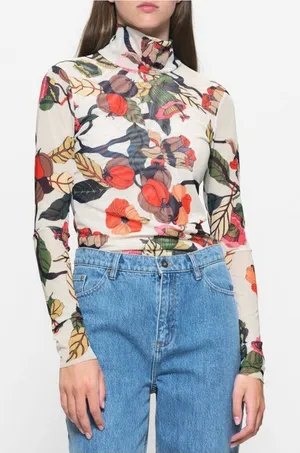 Baum Und Pferdgarten Jodi Top XS Mesh Blouse Floral Print Long Sleeve Mock Neck thumbnail 1