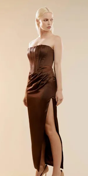 Bardot Everlasting Corset Strapless Satin Gown Chocolate thumbnail 1