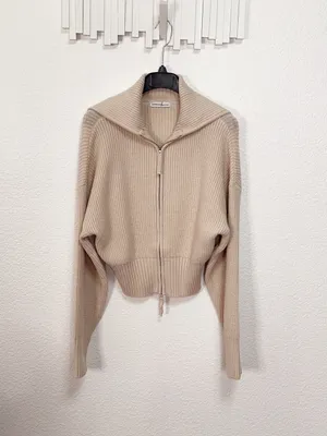 Zenana Beige Ribbed Knit Two Way Zip Up Sweater Jacket Oversized Collar Cardigan thumbnail 5