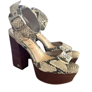 Sam Edelman Rain White Snakeskin Print Stacked Brown "Wood" Platform Heel thumbnail 2