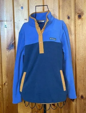 Columbia women’s 2 toned blue and brown pullover quarter button sweatshirt MD thumbnail 1