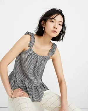 Madewell Ruffle Strap Cami‎ Black & White Gingham Plaid Tank Top 4 thumbnail 1