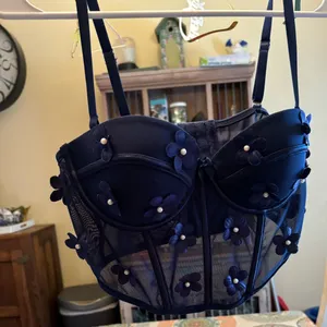 Navy blue corset top with flowers and pearls. Size medium thumbnail 1