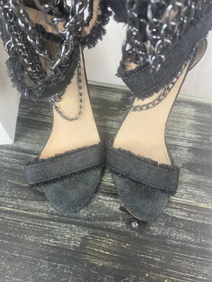 Cape Robbin Black Alza 77 Frayed Denim Spike Heel Chain Trim Gladiator Shoes 6 thumbnail 5