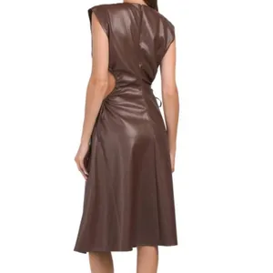 7 For All Mankind Dress Womens S Brown Faux Leather‎ Cutout Midi NEW thumbnail 2