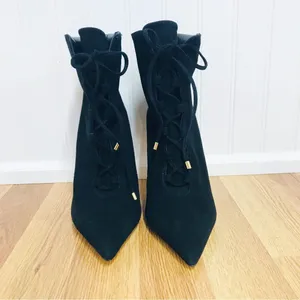 GOOD AMERICAN Black Suede Stiletto Lace Up Ankle Boot Bootie Hiking Size 5.5 New thumbnail 4