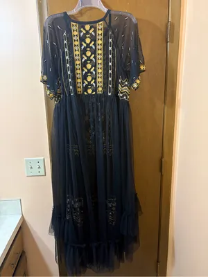 Free People black & gold floral embroidered tulle overlay midi dress thumbnail 3