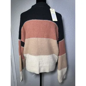 Elan Womens Striped Colorblock Mock Neck Knit Pullover Sweater Size S thumbnail 3