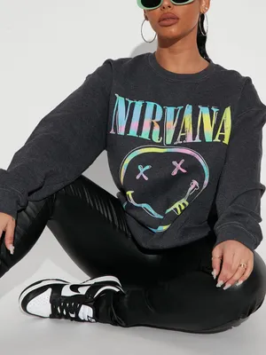 Nirvana‎ Smiley Face Graphic Crewneck Sweatshirt Black Tie Dye Logo Size Large thumbnail 1